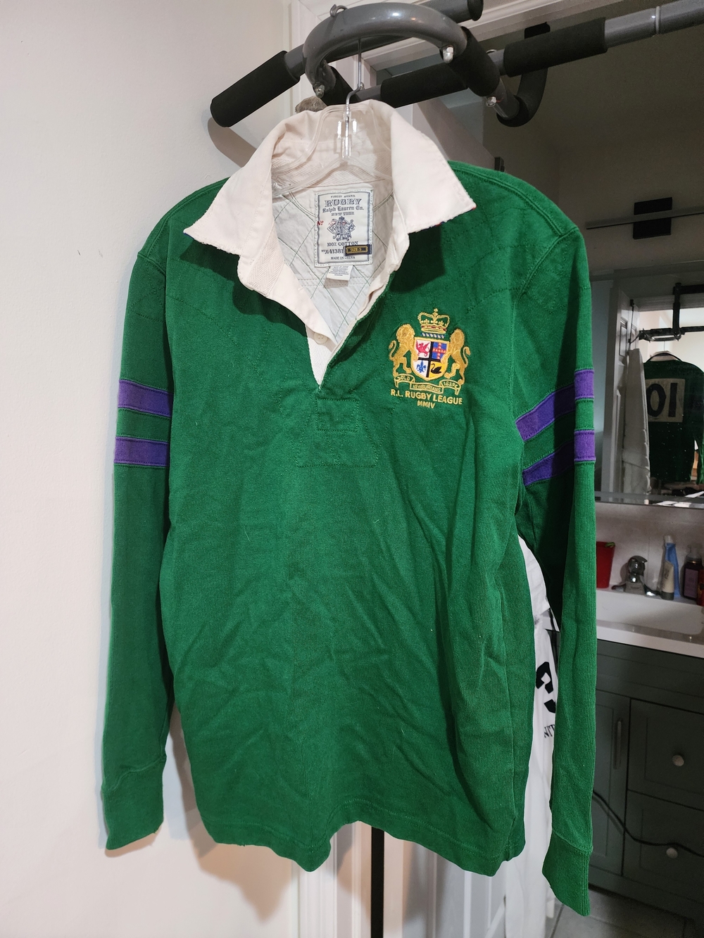 Ralph Lauren Thick Green Rugby Shirt with Purple Sleeve Stripes and White Collar